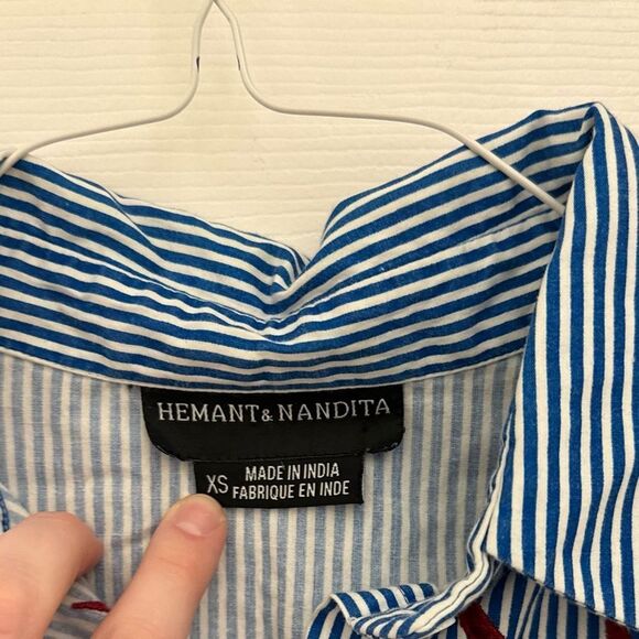 Hemant & Nandita Marne Striped Shirt Size XS Velvet Detail Blouse Striped Collar - Picture 4 of 5